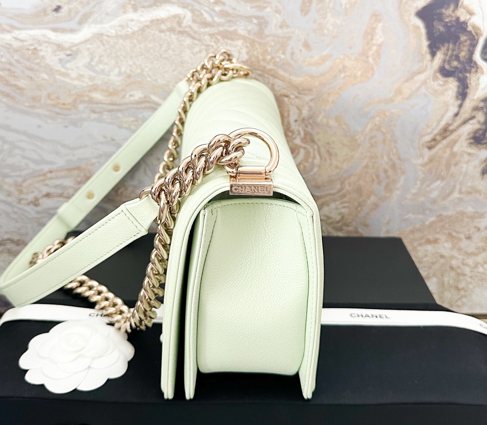 Chanel Medium Boy Caviar Chevron Quilted Light Green Flap Chain Shoulder Bag image 5