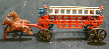 Vintage Cast Iron Hook  Ladder Horse Drawn Wagon 2 Firemen 3.75"x10.5"x2.25 VG