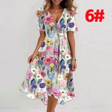 Ladies Boho V-Neck Wrap Floral Print Summer Women's Holiday Long Dress PLUS SIZE