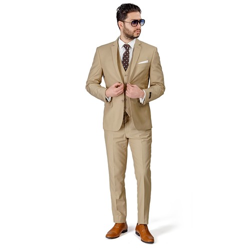 Tan Beige Slim Fit Men Suit 2 Button Notch Lapel Azar Man Vest Optional 4030-10 - Picture 16 of 29
