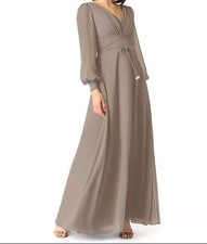 Azazie Sage Womens Bridesmaid Chiffon A-Line Dress A16 Maxi Long Sleeve Gray.E54
