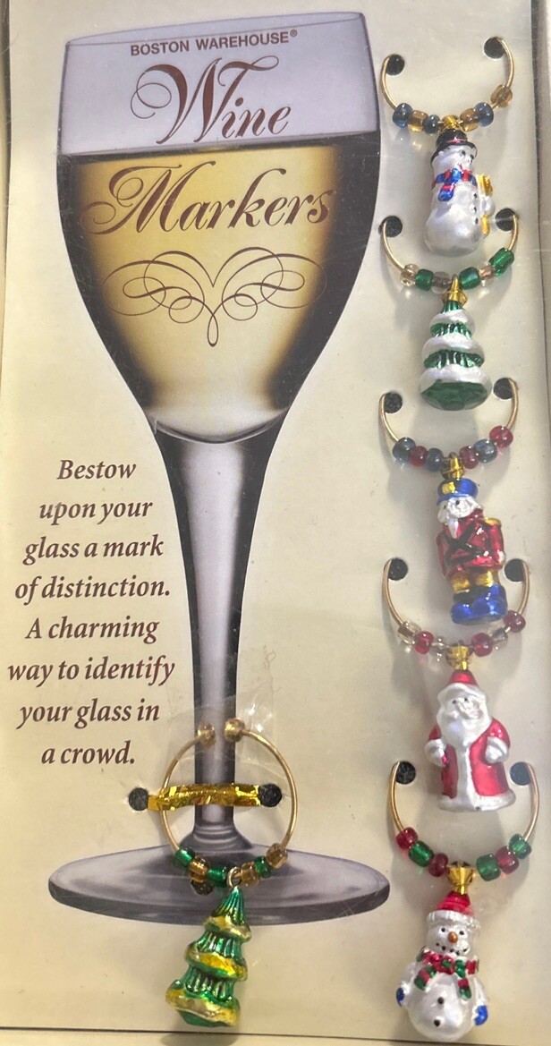Boston Warehouse Wine Markers Charms Christmas Snowmen Tree Santa Set of 6 New