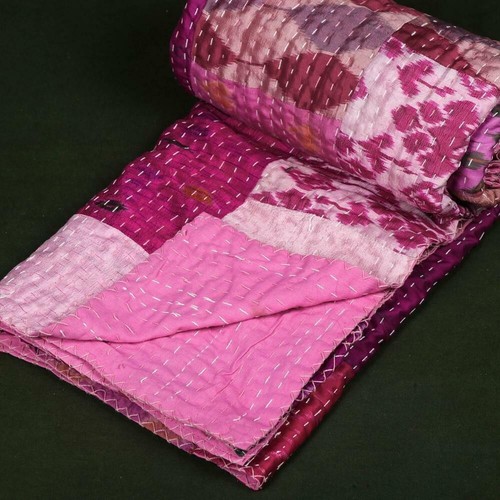 Indian Reversible Silk Kantha Quilt throw Blanket Bedspread - Picture 5 of 5