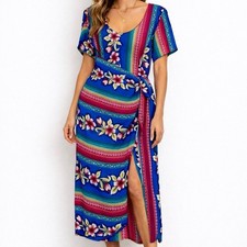 Vintage Boho Floral Maxi Dress Scoop Neck Tie Waist Festival Retro