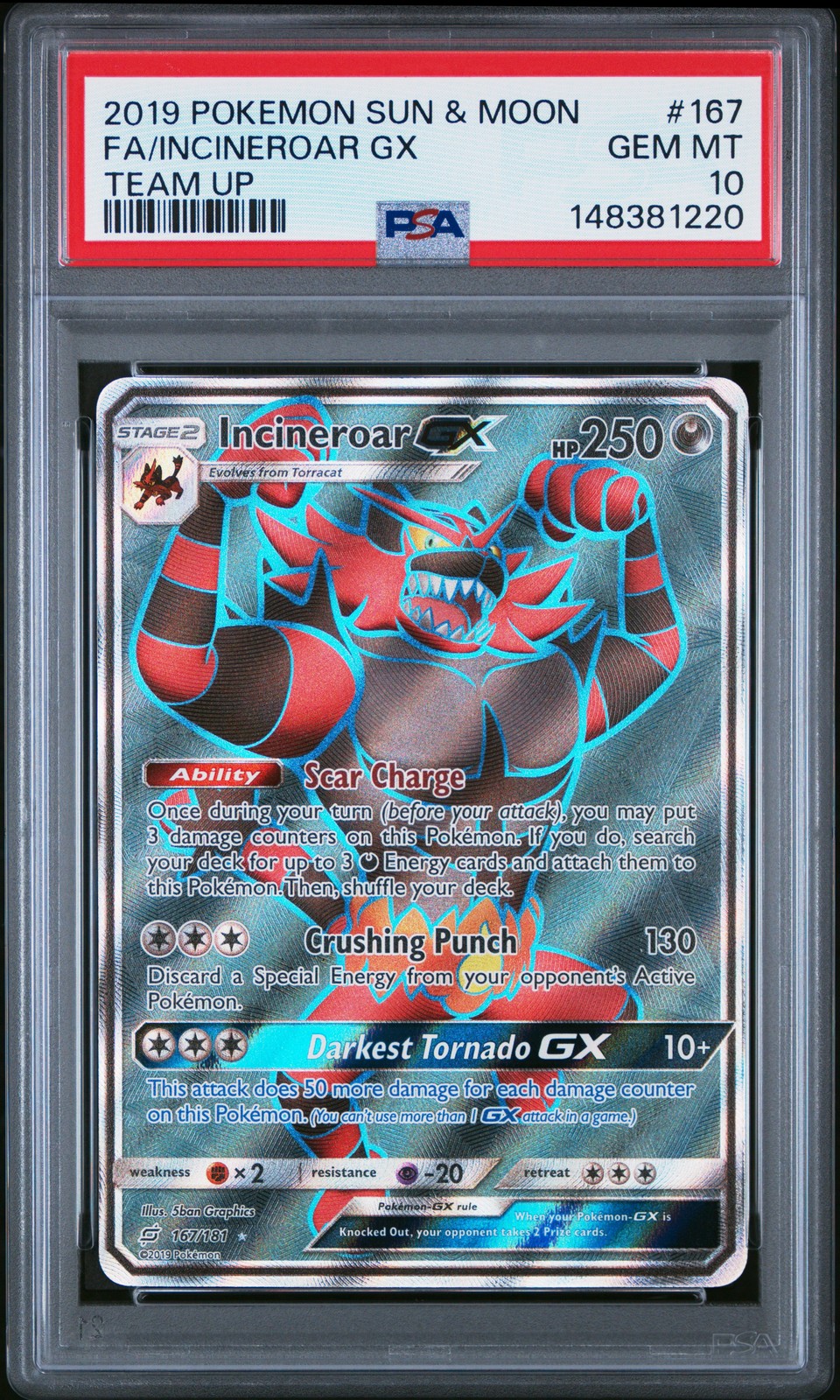 PSA 10 Incineroar Gx 167/181 Team Up Pokemon 2019