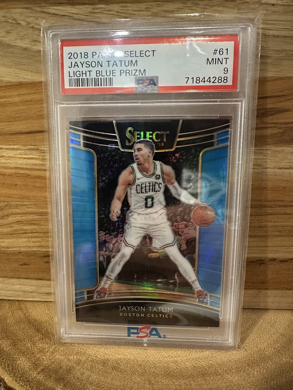 Jayson Tatum 2018 Panini Select Light Blue Prizm #61 Numbered 104/299, PSA 9