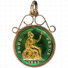 1842 Great Britain Victoria Enamel Fourpence Coin &ndash; Mounted &ndash; Silver