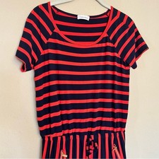 CALVIN KLEIN Size 6 Dress Blue Red Gold Stripes Nautical Stretch Short Sleeve