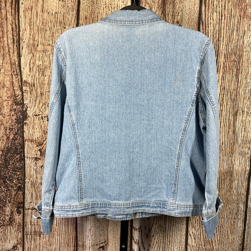 CABI Women's Size L Blue Jean Jacket Zip Front Pockets Cuffs Faded Distressed - Picture 2 of 6