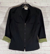 Vintage Expressions Full Zip Black Blazer With Green Houndstooth Cuffs Size 6