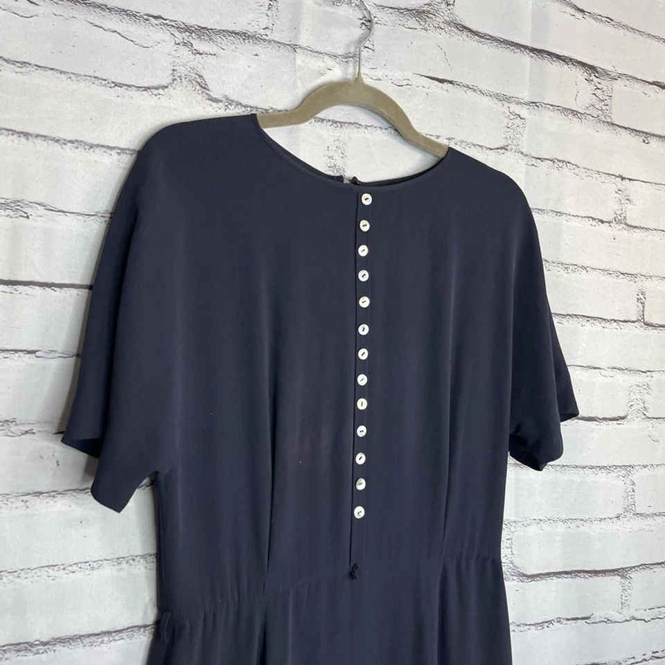 Maxi Vestido Dana Buchman Azul Marino 100% Seda 1/4 Botones Manga Corta Talla 8 Foto 3 de 4