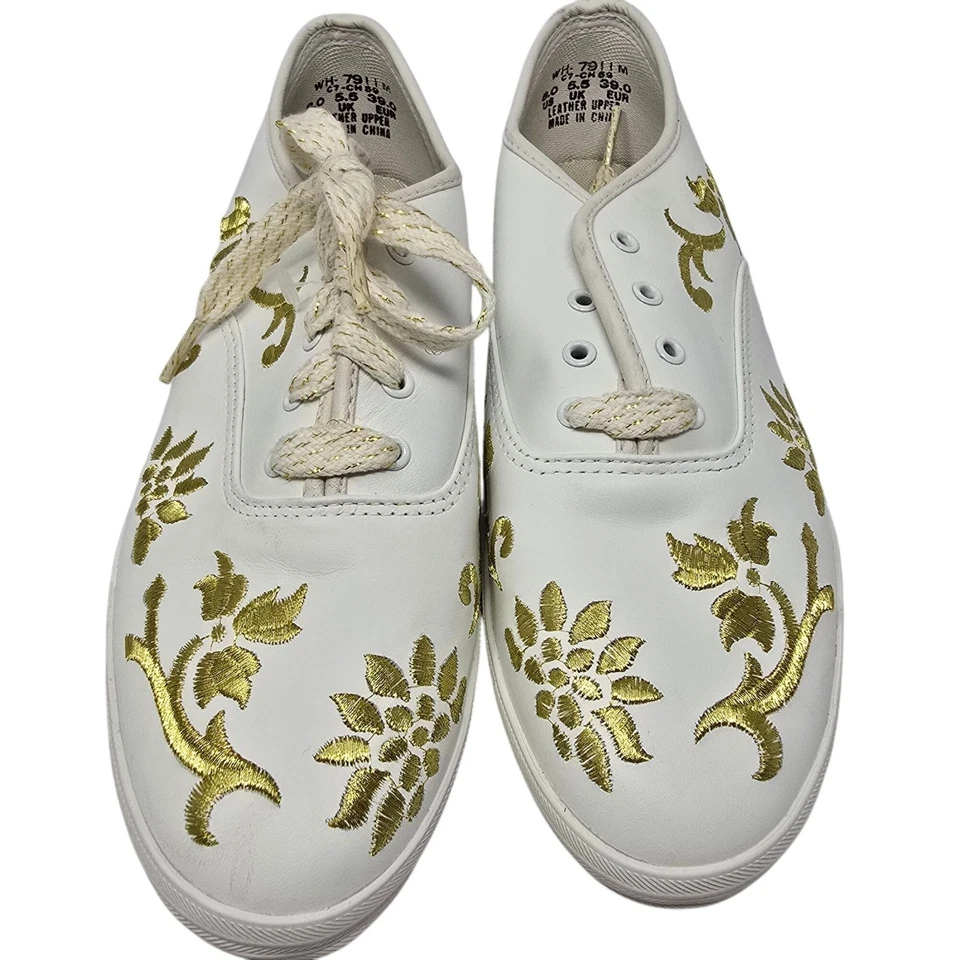 Zapatillas deportivas Keds para mujer de cuero blanco con bordado floral dorado talla 8 Foto 2 de 4