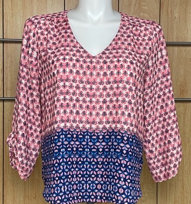 Meraki Women s V-Neckline 3/4 Length Sleeve Color Blocked Designed Blouse SizeXL