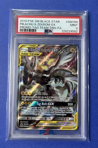 New Listing2019 PM SM Black Star Pikachu & Zekrom GX Promo Tag Team Tins FA #SM168 PSA 9