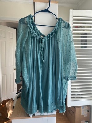 Easel Teal Boho Peasant Tunic Top Sheer Mesh Sleeves Raw Hems