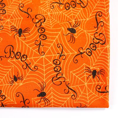 Halloween Fabric Black Spiders Webs Orange BTHY Half Quilting Cotton Sparkle