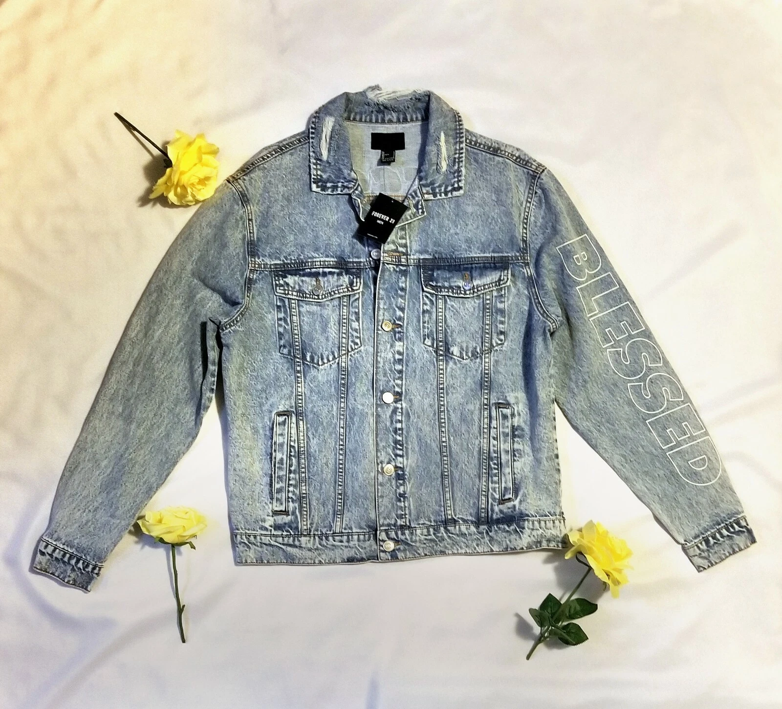 Men's Blessed/Cursed Distressed Medium Denim Cotton Jean Jacket