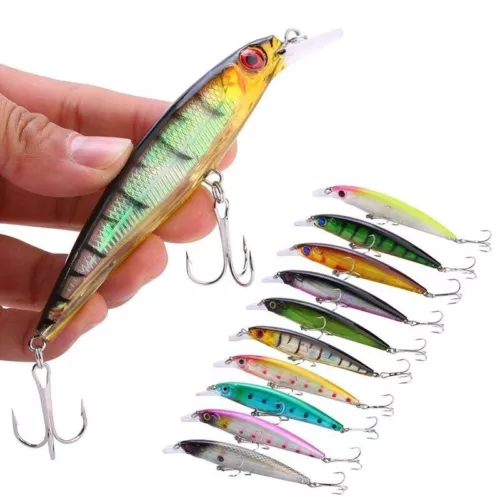 10* Señuelos de pesca Minnow cebos Crankbaits Jerkbait Lote ganchos cebos aparejos de lubina - Imagen 7 de 9