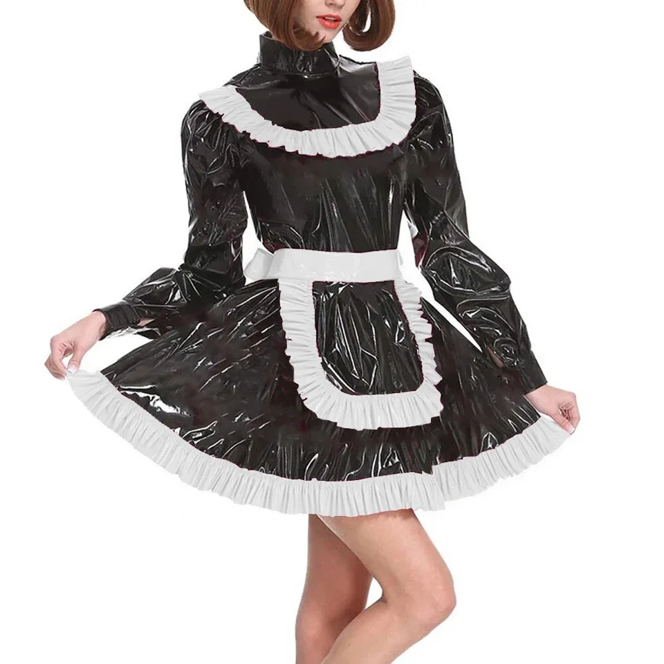 Adult Lockable Turtleneck Maid Uniforms Sissy Long Sleeve Crossdresser Outfits - Image 4 of 4