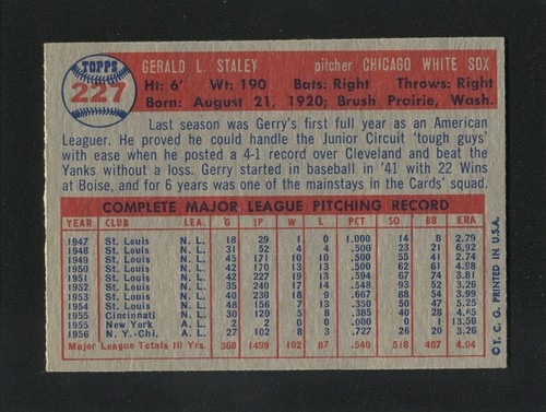 #227 JERRY STALEY, White Sox - 1957 Topps: NM, Good Gloss, Centering 220194 - Picture 2 of 3