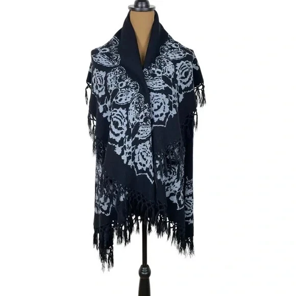 Knit Fringed Cardigan Shawl / Poncho Vest Black & Gray Roses OS Fits S+M+L