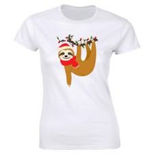 Santa Sloth Image Crew Neck T-Shirt for Women Christmas Holiday Tee