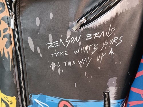 Reason Mens Graphic Faux Leather Jacket With Zippers & Bold Art Design - Size L - Picture 3 of 7