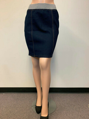 Laides 20'' Mid Length Skirt Dark Stretch Denim Pencil size M elastic W/B #77386