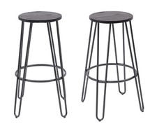 Bar Stools Set of 2 Industrial Metal Frame Wooden Elm Seat Kitchen Breakfast Bar