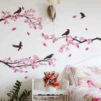 Wandtattoo Vogel Rosa Blumen Aufkleber Wandsticker Selbstklebend Wohnzimmer Deko