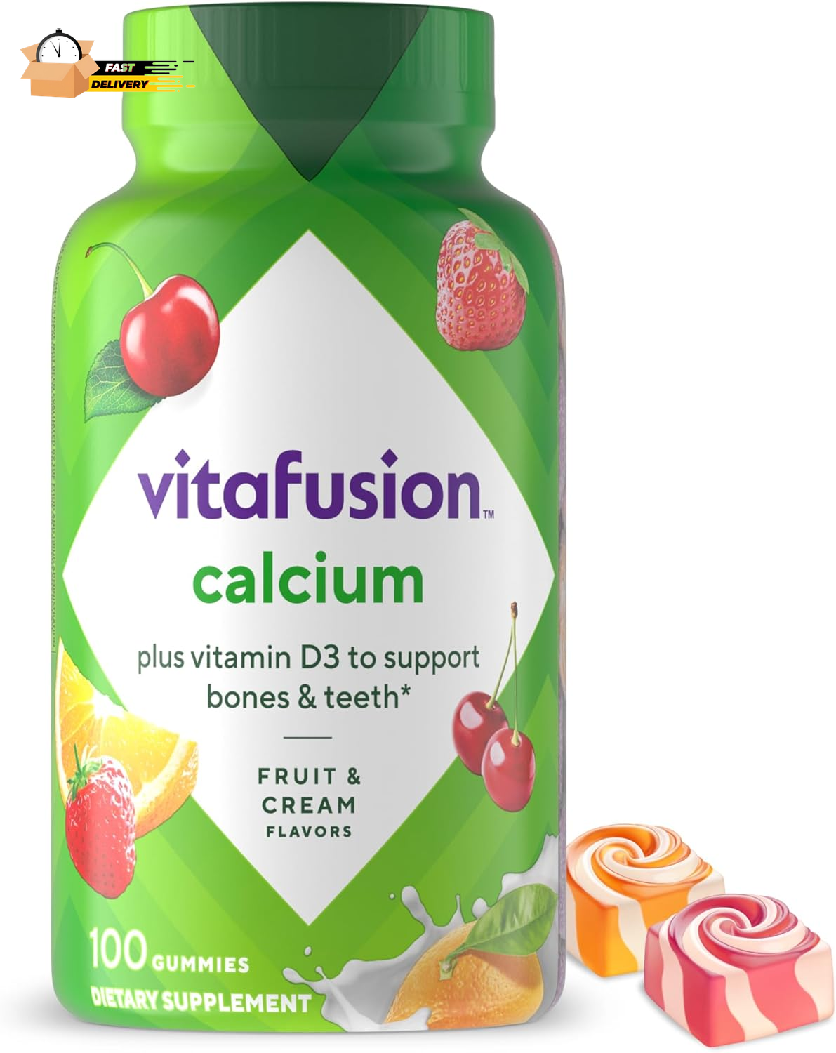 Chewable Calcium Gummy Vitamins for Bone and Teeth Support, Fruit and Cream Fla