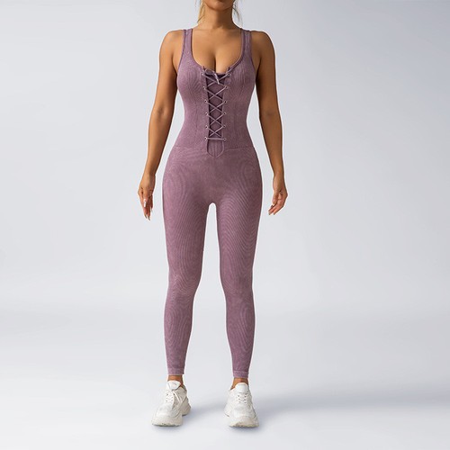 Women Workout Jumpsuit Lace up Front Romper Bottom Pants Bodysuit Sexy One Piece - Picture 5 of 29