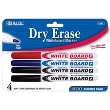 BAZIC Asst. Color Fine Tip Dry-Erase Marker (4/Pack)