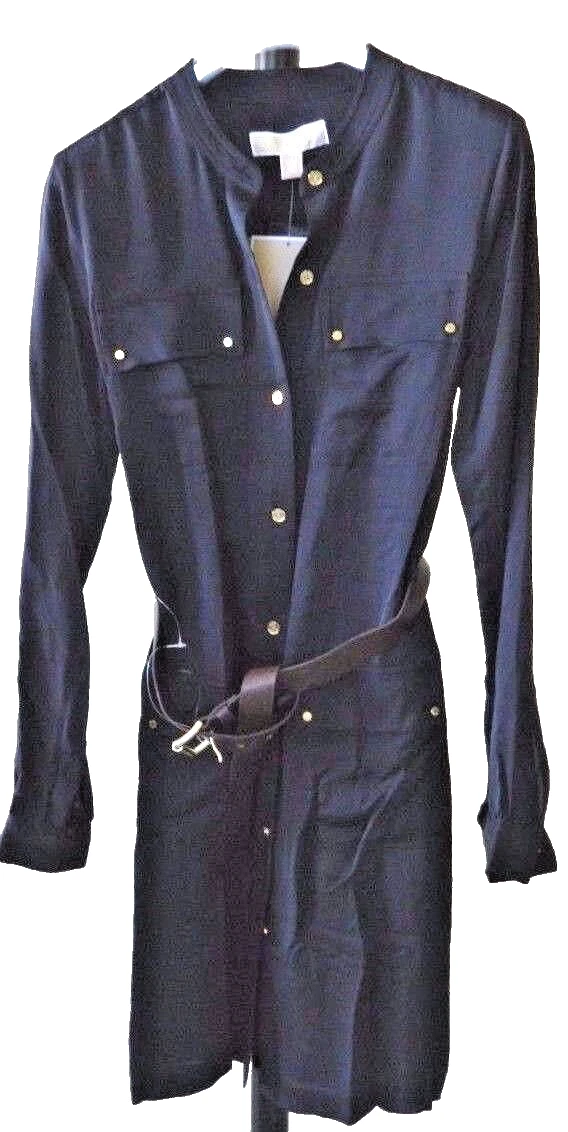 Abito camicia seta Michael Kors $325 blu navy con cintura e toppe tasche taglia 00 nuovo con etichette