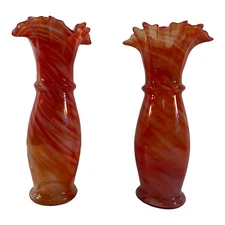 Mid 20th Century Handblown Ruffle Art Glass Vases - a Pair