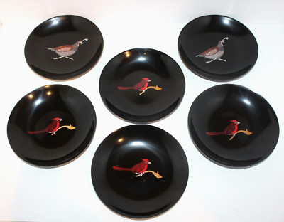6 VTG Couroc Of Monterey California Cardinal Quail Bird Inlaid Bowls Black MCM