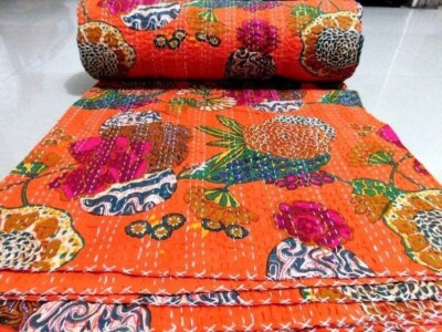 Indian Handmade Kantha Quilt Orange Fruit Bedspread Cotton Blanket Bed Cover