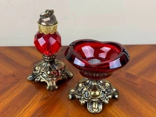Hollywood Regency Ruby Red Glass Smoking Set with Ashtray and Lighter