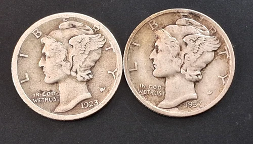 2 BETTER GRADE & DATES SILVER MERCURY WINGED LIBERTY DIMES 1923S VF+ & 1937S XF