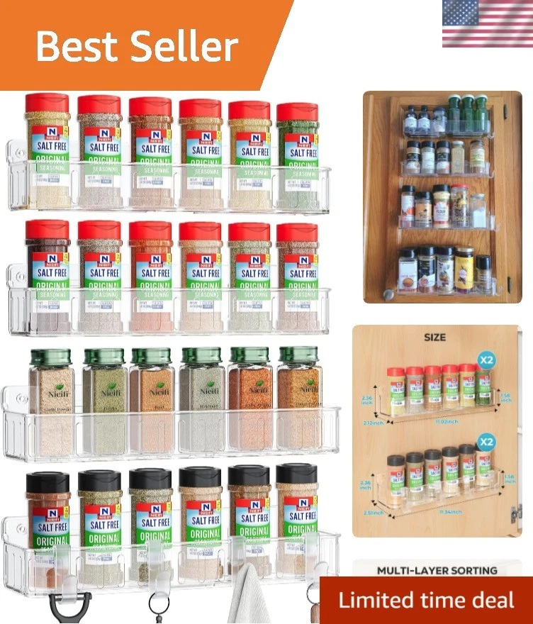 Spice Rack Wall Mount, 4 Pack, Clear, Screw or Adhesive Installation, Spice R...