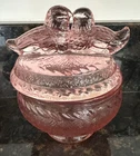 Vintage Pink Depression Style Glass Kissing Love Birds on Nest Covered Dish