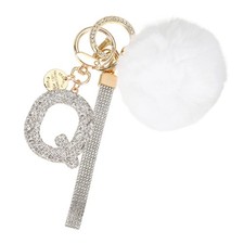 Initial Letter Q Keychain with Pom and Rhinestone Wristlet, White