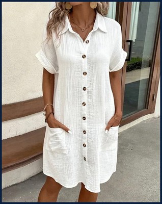 Vintage Women Solid Mini Dress Summer Fashion V-neck Three Quater Sleeve Cotton