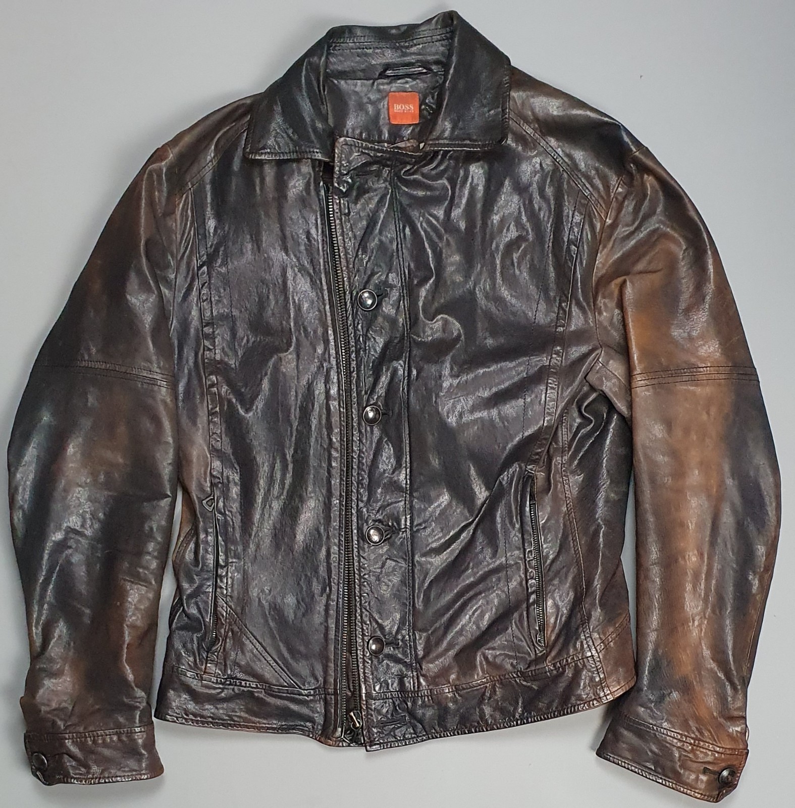 Mens Hugo Boss Leather Jacket Size 48UK - Medium Brown Distressed