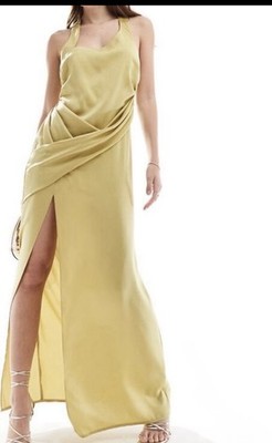 ASOS Design Satin Halter Crossover Skit Maxi Dress In Light Olive. UK 12