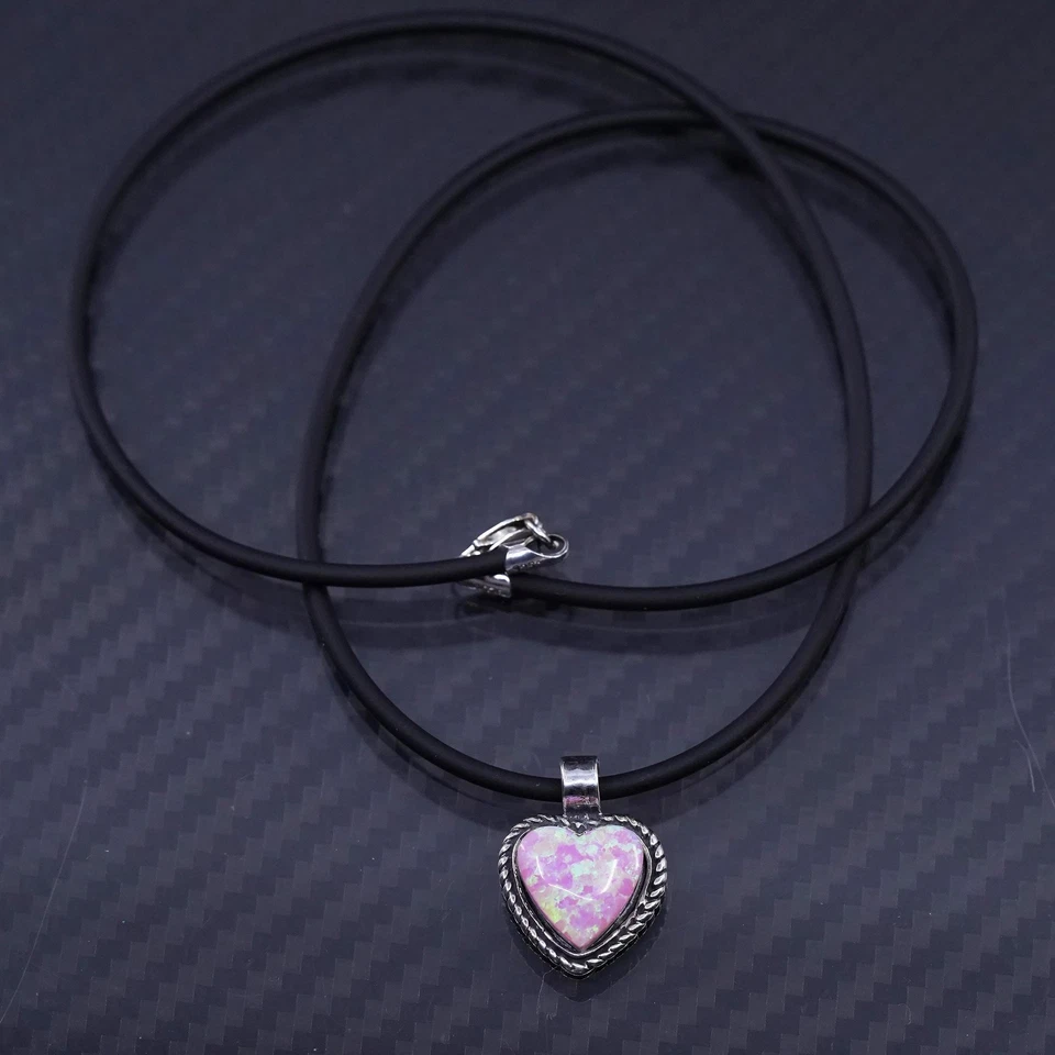 "Colgante corazón ópalo plata esterlina 925 vintage 16"" 1 mm con collar de goma" Foto 3 de 4