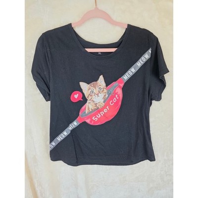 Kayser Womens XL Black Super Cat Kitten Fanny Pack Graphic T-Shirt Short Sleeve