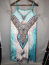Sleeveless Aqua Printed Maxi Dress with Boho Medallion