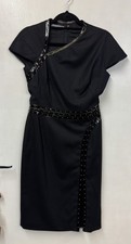 Alexander McQueen Black Wool Cap Sleeve Dress with PVC Studded Trim Size 42 
