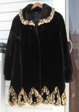 Black Faux-Fur Coat, Leopard Trim, 45 Chest EXCELLENT CONDITION